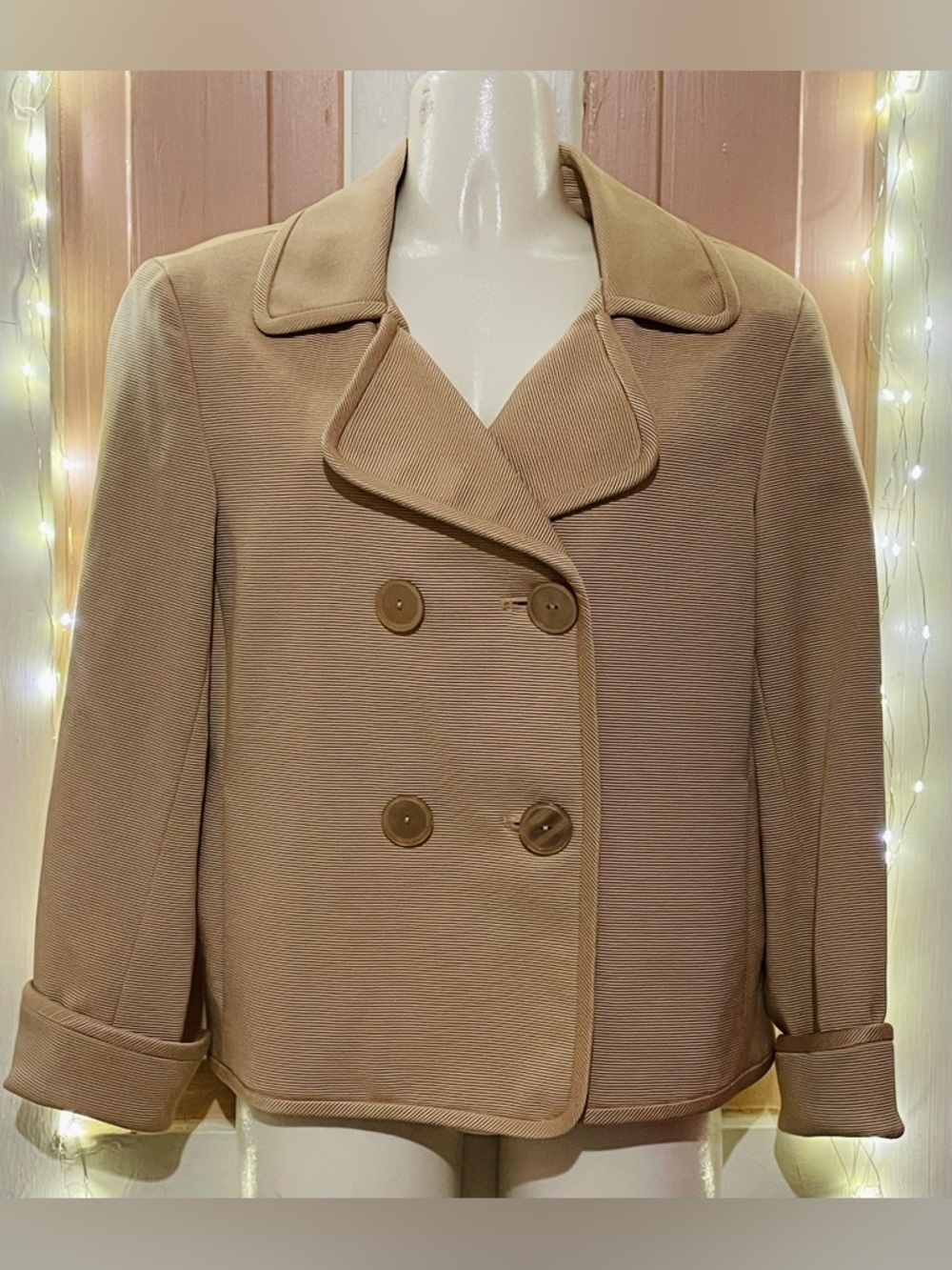 Talbots Cream-Tan Double-Breasted Short Peacoat